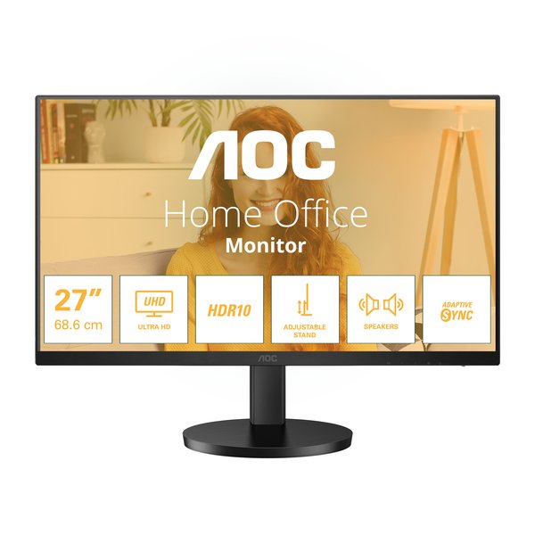 Монитор 27" AOC U27B3AF IPS 3840x2160, 60 Гц, 4 мс, 16:9, 350 кд/м², DP 1.4, HDMI 2.0, 3.5 Jack, Adaptive-Sync, HDR10, динамики (2x2 Вт), черный