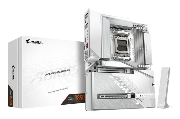 Материнская плата Gigabyte B850 AORUS STEALTH ICE, AM5, AMD B850, 4xDDR5, 2xSATA, 4xM.2, 1xPCIe 5.0 x16, 1xPCIe 4.0 x4, 1xHDMI, 1x5Gb LAN, Wi-Fi 7, Bluetooth 5.4, 1xUSB-C 10Gbps, 2xUSB-A 10Gbps, 4xUSB-A 5Gbps, 4xUSB-A 2.0, 2x3.5 мм, 7.1, ATX
