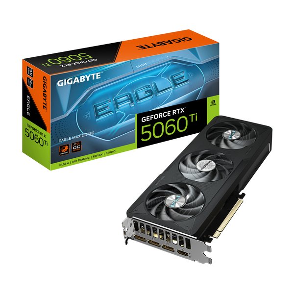 Видеокарта Gigabyte GeForce RTX 5060 Ti Eagle Max OC, NVIDIA RTX 5060 Ti, 8 ГБ GDDR7, 128 бит, PCI-e 5.0, 1xHDMI, 3xDP, 2617 МГц