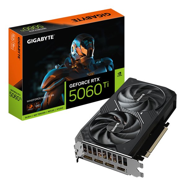 Видеокарта Gigabyte GeForce RTX 5060 Ti Windforce Max OC, NVIDIA RTX 5060 Ti, 8 ГБ GDDR7, 128 бит, PCI-e 5.0, 1xHDMI, 3xDP, 2587 МГц