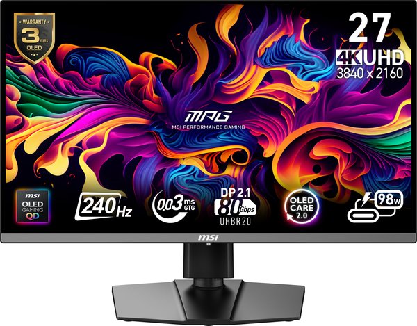 Монитор 26.5" MSI MPG 272URX QD-OLED 3840x2160, 240 Гц, 0.03 мс, 16:9, 1000 кд/м², DP 2.1a, HDMI 2.1 (x2), USB-C, 3.5 Jack, USB Hub (2x USB 3.2), HDR10, G-Sync, KVM, черный