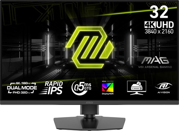 Монитор 31.5" MSI MAG 322URDF E16 Rapid IPS 3840x2160, 160 Гц, 0.5 мс, 16:9, 450 кд/м², HDMI 2.1 (x2), DP 1.4a, 3.5 Jack, USB Hub (2x USB 3.2), Adaptive-Sync, HDR10, черный