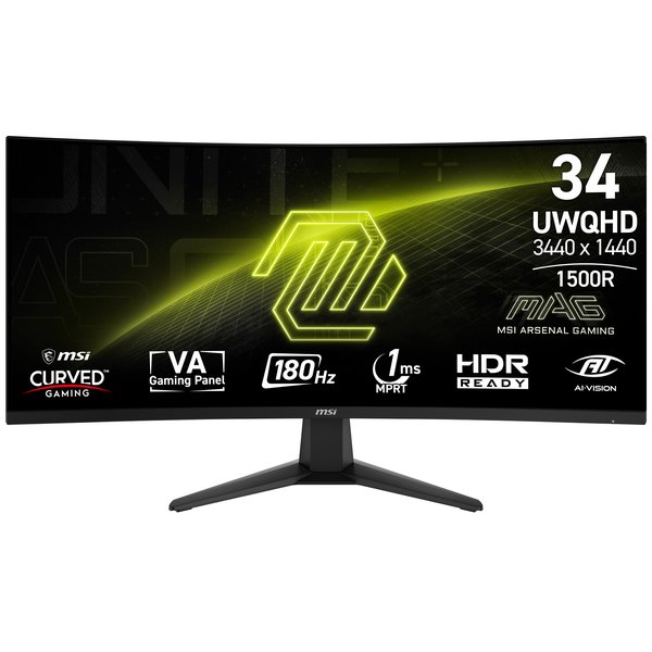 Монитор 34" MSI MAG 346CQ VA 3440x1440, 180 Гц, 1 мс, 21:9, 300 кд/м², 2xHDMI 2.0b, DP 1.4a, USB-C, 3.5 Jack, HDR Ready, Adaptive-Sync, изогнутый экран (1500R), черный