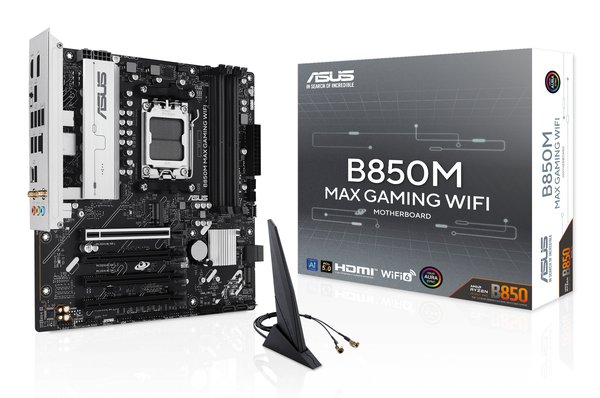 Материнская плата ASUS B850M MAX GAMING WIFI, AM5, AMD B850, 4xDDR5, 4xSATA, 3xM.2, 1xPCIe 5.0 x16, 1xPCIe 4.0 x4, 1xPCIe 3.0 x1, 1xDP, 1xHDMI, 1x1Gb LAN, Wi-Fi 6, Bluetooth 5.4, 1xUSB-C 10Gbps, 2xUSB-A 10Gbps, 2xUSB-A 5Gbps, 5xUSB-A 2.0, 3x3.5 мм, 7.1, mATX