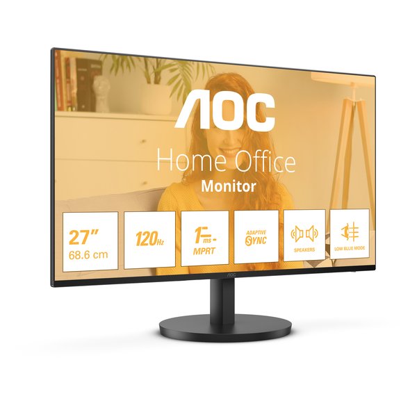 Монитор 27" AOC 27B3QA2 IPS 1920x1080, 120 Гц, 1 мс, 16:9, 250 кд/м², HDMI 1.4, DP 1.2, VGA, 3.5 Jack, динамики (2x2 Вт), черный