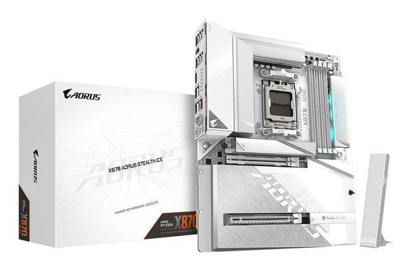 Материнская плата Gigabyte X870 AORUS STEALTH ICE, AM5, AMD X870, 4xDDR5, 2xSATA, 4xM.2, 1xPCIe 5.0 x16, 1xPCIe 4.0 x16, 1xHDMI, 1x5Gb LAN, Wi-Fi 7, Bluetooth 5.4, 2xUSB-C 40Gbps (USB4), 1xUSB-C 10Gbps, 4xUSB-A 10Gbps, 4xUSB-A 5Gbps, 4xUSB-A 2.0, 3x3.5 мм + S/PDIF оптический, 7.1, ATX