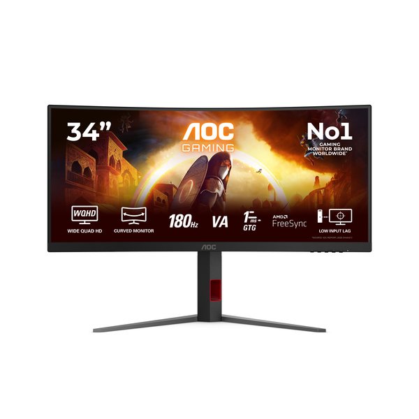 Монитор 34" AOC CU34G4 VA 3440x1440, 180 Гц, 0.5 мс, 21:9, 300 кд/м², HDMI 2.0, DP 1.4, 3.5 Jack, HDR10, FreeSync Premium, Adaptive-Sync, изогнутый экран (1500R), черный/красный
