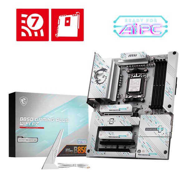 Материнская плата MSI B850 GAMING PLUS WIFI PZ, AM5, AMD B850, 4xDDR5, 4xSATA, 3xM.2, 1xPCIe 5.0 x16, 1xPCIe 4.0 x4, 2xPCIe 3.0 x1, 1xDP, 1x5Gb LAN, Wi-Fi 7, Bluetooth 5.4, 2xUSB-C 10Gbps, 1xUSB-C 5Gbps, 1xUSB-A 10Gbps, 1xUSB-A 5Gbps, 4xUSB-A 2.0, 3x3.5 мм, 7.1, ATX