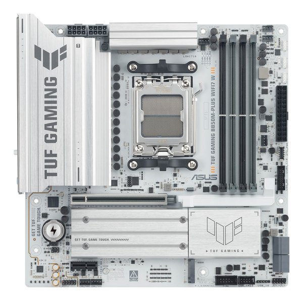 Материнская плата Asus TUF GAMING B850M-PLUS WIFI7 W, AM5, AMD B850, 4xDDR5, 4xSATA, 3xM.2, 1xPCIe 5.0 x16, 1xPCIe 3.0 x1, 1xDP, 1xHDMI, 1x2.5Gb LAN, Wi-Fi 7, Bluetooth 5.4, 1xUSB-C 20Gbps, 3xUSB-A 10Gbps, 4xUSB-A 5Gbps, 4xUSB-A 2.0, 5x3.5 мм, 7.1, mATX