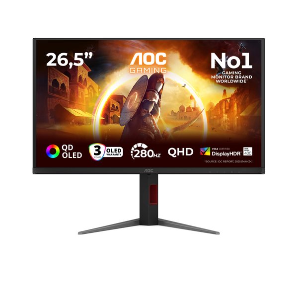 Монитор 27" AOC Q27G4ZD QD-OLED 2560x1440, 240 Гц, 0.03 мс, 16:9, 1000 кд/м² (пиковая), DisplayHDR True Black 400, DP 1.4, HDMI 2.0, USB Hub (4x USB 3.2), 3.5 Jack, Adaptive-Sync, черный