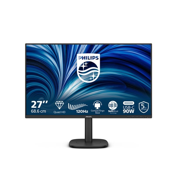 Монитор 27" Philips 27B2U3601/00 IPS 2560x1440, 120 Гц, 4 мс, 16:9, 350 кд/м², HDMI 2.0, DP, USB-C (90 Вт), 3.5 Jack, USB Hub (4x USB 3.2), динамики (2x2 Вт), Adaptive-Sync, черный