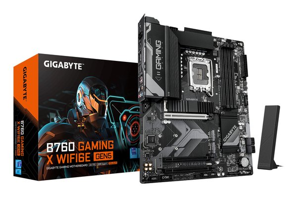Материнская плата Gigabyte B760 GAMING X WIFI6E GEN5, LGA1700, Intel B760, 4xDDR5, 4xSATA, 3xM.2, 1xPCIe 5.0 x16, 2xPCIe 3.0 x1, 1xHDMI, 1xDP, 1x2.5Gb LAN, Wi-Fi 6E, Bluetooth 5.3, 1xUSB-C 5Gbps, 1xUSB-A 10Gbps, 1xUSB-A 5Gbps, 5xUSB-A 2.0, 6x3.5 мм, 7.1, ATX