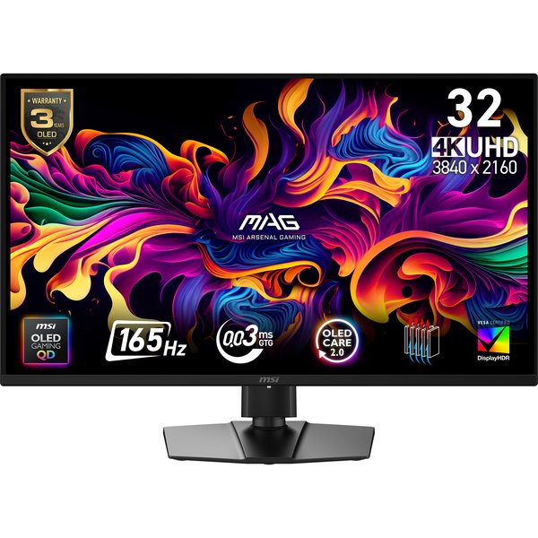 Монитор 31.5" MSI MAG 322UP QD-OLED E16 QD-OLED 3840x2160, 165 Гц, 0.03 мс, 16:9, 250 кд/м², HDMI 2.1, DP, USB-C (15 Вт), 3.5 Jack, HDR10, DisplayHDR 400 True Black, Adaptive-Sync, черный