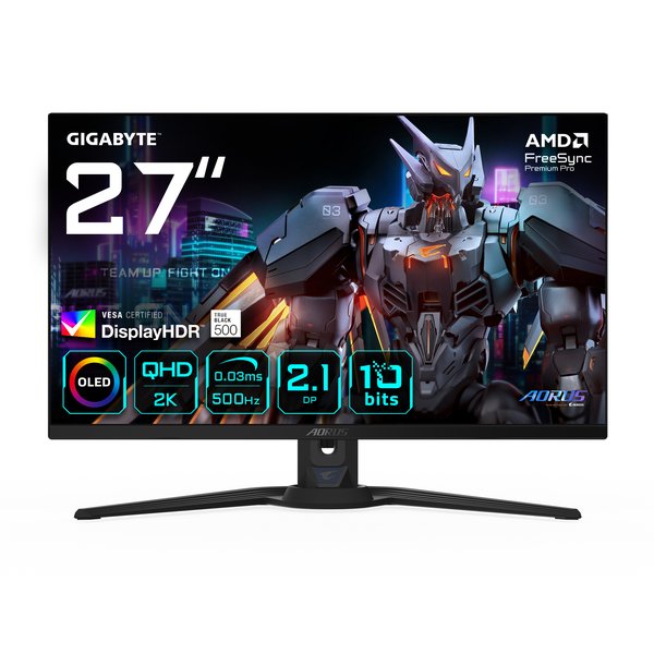 Монитор 27" Gigabyte Aorus FO27Q5P QD-OLED 2560x1440, 500 Гц, 0.03 мс, 16:9, 300 кд/м², 2xHDMI 2.1, DP 1.4, USB-C (18 Вт), USB Hub (2x USB 3.2), 3.5 Jack, DisplayHDR 500 True Black, FreeSync Premium Pro, G-Sync Compatible, динамики (2x5 Вт), VESA 100x100, черный