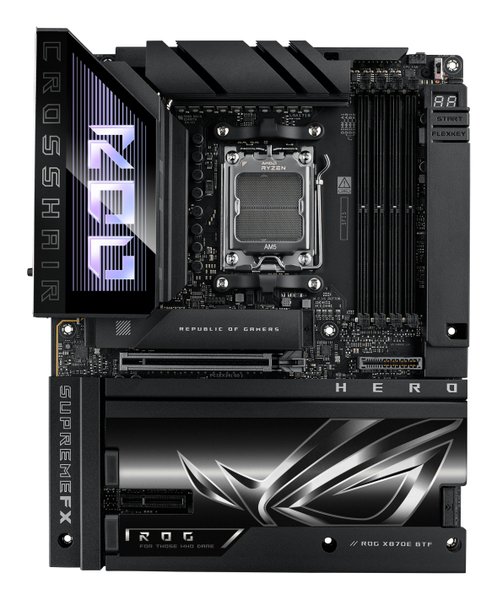 Материнская плата ASUS ROG CROSSHAIR X870E HERO BTF, AM5, AMD X870E, 4xDDR5, 4xSATA, 5xM.2, 1xPCIe 5.0 x16, 1xPCIe 4.0 x4, 1xHDMI, 1x2.5Gb LAN, 1x5Gb LAN, Wi-Fi 7, Bluetooth 5.4, 2xUSB-C 40Gbps (USB4 / Gen3x2), 2xUSB-C 20Gbps (USB 3.2 Gen2x2), 6xUSB-A 10Gbps, 3x3.5 мм, 7.1, ATX