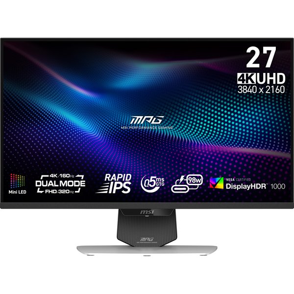 Монитор 27" MSI MPG 274URDFW E16M Rapid IPS 3840x2160, 160 Гц, 0.5 мс, 16:9, 400 кд/м², 2xHDMI 2.1, DP 1.4a, USB-C (98 Вт), 3.5 Jack, USB Hub (2x USB), Adaptive-Sync, белый