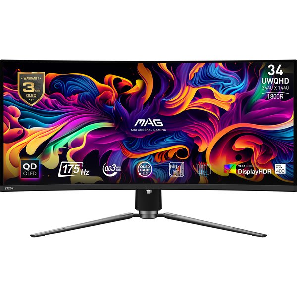 Монитор 34" MSI MAG 341CQP QD-OLED 3440x1440, 175 Гц, 0.03 мс, 21:9, 250 кд/м², HDMI 2.0, DP 1.4, USB-C, 3.5 Jack, USB Hub (2x USB 2.0), HDR10, изогнутый экран (1800R), черный