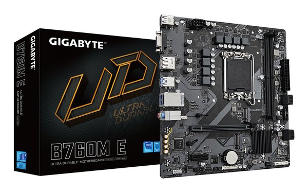 Материнская плата Gigabyte B760M E, LGA 1700, Intel B760, 2xDDR5, 4xSATA, 2xM.2, 1xPCIe 4.0 x16, 1xPCIe x1, 1xVGA, 1xHDMI, 1xDP, 1x1Gb LAN, 4xUSB-A 5Gbps, 2xUSB-A 2.0, 3x3.5 мм, 7.1, mATX