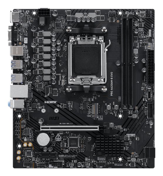 Материнская плата MSI PRO A620M-B EVO, AM5, AMD A620A, 2xDDR5, 2xSATA, 1xM.2, 1xPCIe 4.0 x16, 1xPCIe x1, 1xVGA, 1xHDMI, 1x2.5Gb LAN, 4xUSB-A 5Gbps, 2xUSB-A 2.0, 2xPS/2, 3x3.5 мм, 7.1, чёрный, mATX