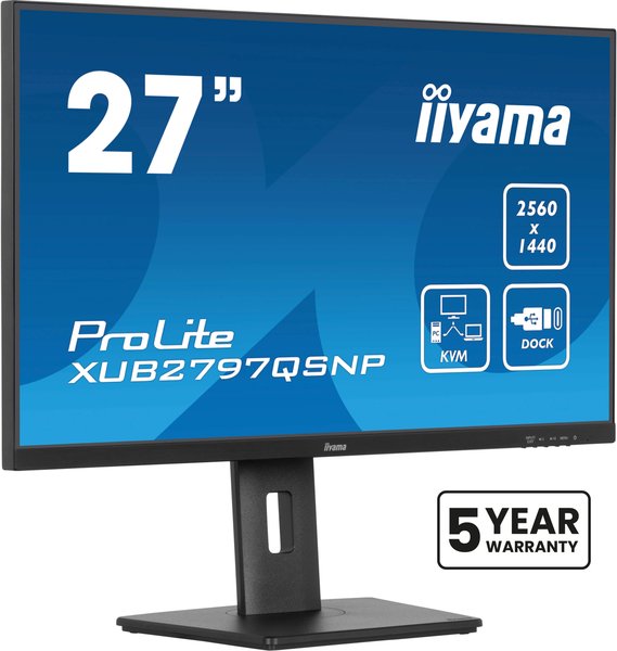 Монитор 27" Iiyama ProLite XUB2797QSNP-B1 IPS QHD, 100 Гц, 1 мс (MPRT), 16:9, 300 кд/м², HDMI 2.0, DP 1.4, USB-C (96 Вт PD), встроенные динамики (2x2 Вт), KVM-модуль, поворотная подставка, черный