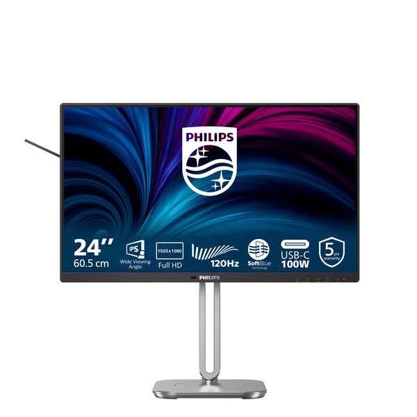Монитор 23.8" Philips 24B2U4301 IPS 1920x1080, 120 Гц, 4 мс, 16:9, 300 кд/м², HDMI 1.4, DP 1.4, 2xUSB-C (90 Вт), USB Hub (3x USB 3.0), 3.5 Jack, динамики (2x2 Вт), RJ45, HDR10, Adaptive-Sync, черно-серебристый