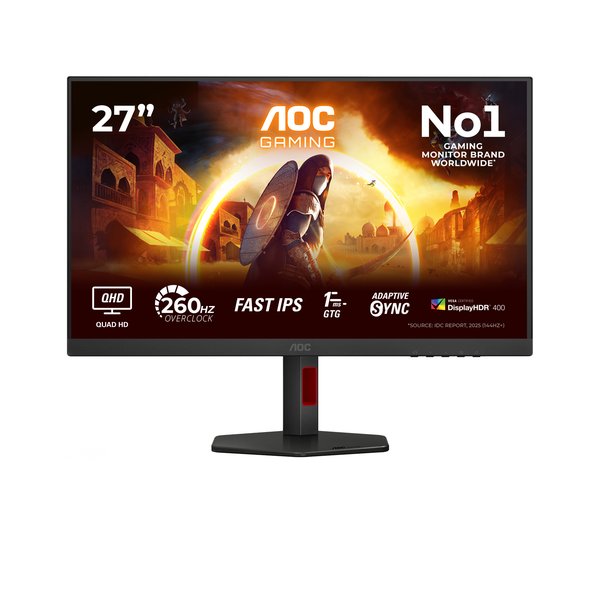 Монитор 27" AOC Q27G4ZR IPS 2560x1440, 240 Гц, 1 мс, 16:9, 400 кд/м², 2xHDMI 2.0, DP 1.4, 3.5 Jack, динамики (2x2 Вт), FreeSync Premium, G-Sync Compatible, черный/красный