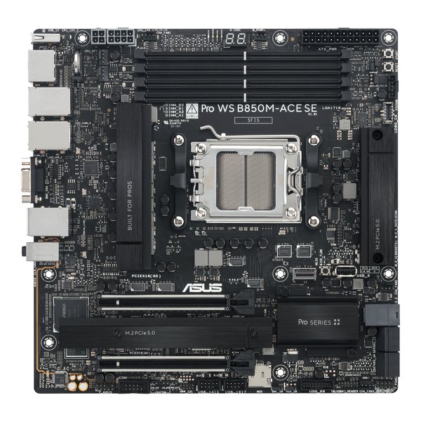 Материнская плата ASUS PRO WS B850M-ACE SE, AM5, AMD B850, 4xDDR5, 4xSATA, 2xM.2, 1xPCIe 5.0 x16, 1xPCIe 4.0 x16, 1xVGA, 1xHDMI, 1xDP, 1x2.5Gb LAN, 1x10Gb LAN, 2xUSB-C 10Gbps, 3xUSB-A 10Gbps, 2xUSB-A 2.0, 7.1, mATX