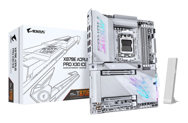 Материнская плата Gigabyte X870E AORUS PRO X3D ICE, AM5, AMD X870E, 4xDDR5, 4xSATA, 4xM.2, 1xPCIe 5.0 x16, 1xPCIe 4.0 x16, 1xPCIe 3.0 x16, 1xHDMI, 1x5Gb LAN, Wi-Fi 7, Bluetooth 5.4, 2xUSB-C 40Gbps (USB4), 2xUSB-C 10Gbps, 5xUSB-A 10Gbps, 3xUSB-A 5Gbps, 3x3.5 мм + S/PDIF оптический, 7.1, белый, ATX