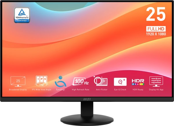 Монитор 24.5" MSI Pro MP252L IPS 1920x1080, 100 Гц, 1 мс, 16:9, 250 кд/м², HDMI 1.4b, DP 1.2, 3.5 Jack, Adaptive-Sync, черный