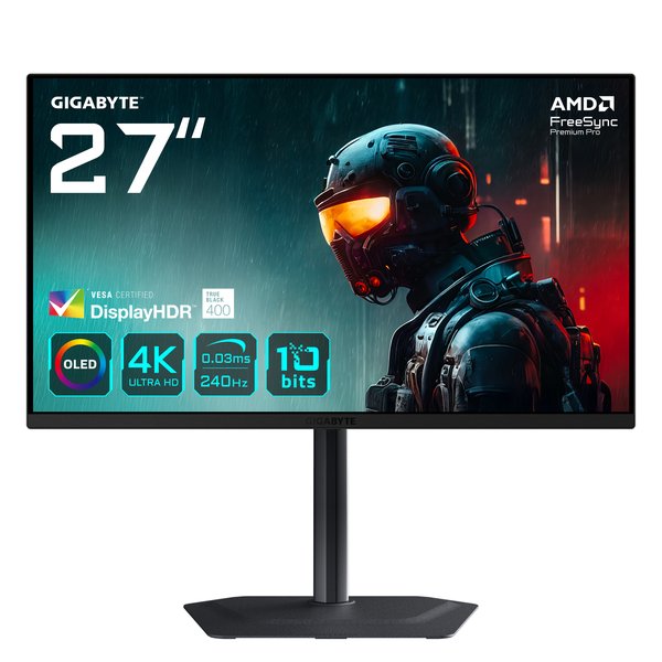 Монитор 27" Gigabyte MO27U2 QD-OLED 3840x2160, 240 Гц, 0.03 мс, 16:9, 250 кд/м², 2xHDMI 2.1, DP 1.4, USB-C (18 Вт), 3.5 Jack, USB Hub (3x USB 3.2), динамики (2x5 Вт), HDR10, FreeSync, G-Sync, черный