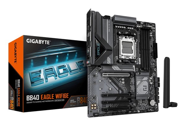 Материнская плата Gigabyte B840 EAGLE WIFI6E, AM5, AMD B840, 4xDDR5, 4xSATA, 3xM.2, 1xPCIe 4.0 x16, 3xPCIe 3.0 x16, 1xHDMI, 1xDP, 1x2.5Gb LAN, Wi-Fi 6E, Bluetooth 5.3, 1xUSB-C 10Gbps, 1xUSB-A 10Gbps, 2xUSB-A 5Gbps, 4xUSB-A 2.0, 3x3.5 мм, 7.1, ATX