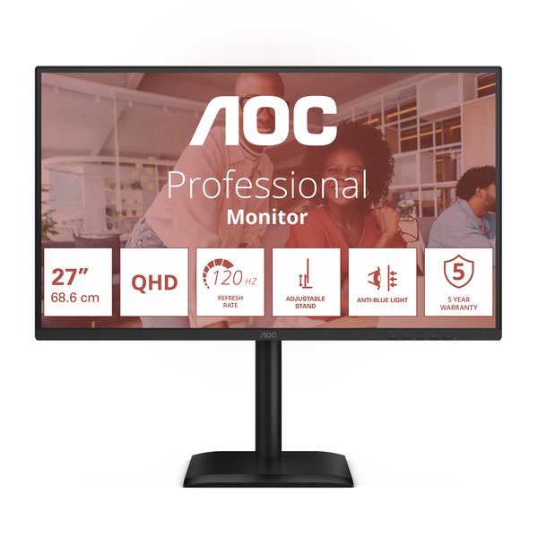 Монитор 27" AOC Q27E4U IPS 2560x1440, 120 Гц, 4 мс, 16:9, 350 кд/м², HDMI 2.0, DP 1.2, 3.5 Jack, USB Hub (4x USB 3.2 Gen 1), HDR10, Adaptive-Sync, черный