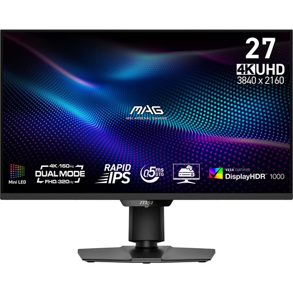 Монитор 27" MSI MAG 274UPDF E16M Rapid IPS 3840x2160, 160 Гц, 0.5 мс, 16:9, 400 кд/м², 2xHDMI 2.1, DP 1.4a, USB-C (15 Вт), 3.5 Jack, HDR10, Adaptive-Sync, черный