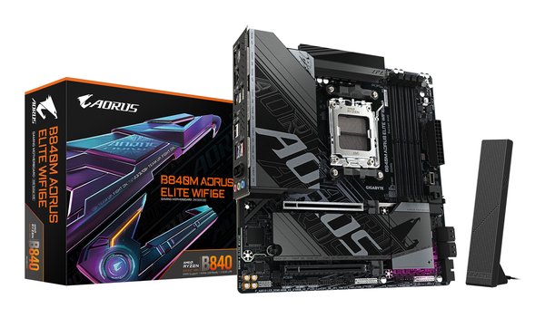 Материнская плата Gigabyte B840M AORUS ELITE WIFI6E, AM5, AMD B840, 4xDDR5, 4xSATA, 2xM.2, 1xPCIe 4.0 x16, 1xPCIe 3.0 x16, 1xHDMI, 1xDP, 1x2.5Gb LAN, Wi-Fi 6E, Bluetooth 5.3, 1xUSB-C 10Gbps, 1xUSB-C 5Gbps, 2xUSB-A 10Gbps, 2xUSB-A 5Gbps, 4xUSB-A 2.0, 1xPS/2, 3x3.5 мм, 7.1, mATX