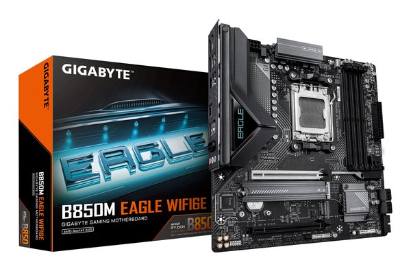 Материнская плата Gigabyte B850M EAGLE WIFI6E, AM5, AMD B850, 4xDDR5, 4xSATA, 2xM.2, 1xPCIe 5.0 x16, 1xPCIe 3.0 x16, 1xHDMI, 2xDP, 1x2.5Gb LAN, Wi-Fi 6E, Bluetooth 5.3, 1xUSB-C 10Gbps, 2xUSB-A 10Gbps, 2xUSB-A 5Gbps, 4xUSB-A 2.0, 1xPS/2, 3x3.5 мм, 7.1, mATX