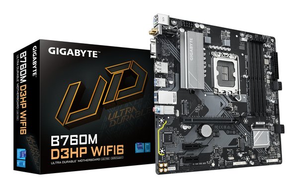 Материнская плата Gigabyte B760M D3HP WIFI6, LGA 1700, Intel B760, 4xDDR5, 4xSATA, 2xM.2, 1xPCIe 4.0 x16, 1xPCIe 4.0 x4, 1xHDMI, 1xDP, 1x2.5Gb LAN, Wi-Fi 6, Bluetooth 5.3, 1xUSB-C 10Gbps, 1xUSB-A 10Gbps, 4xUSB-A 5Gbps, 2xUSB-A 2.0, 1xPS/2, 3x3.5 мм, 7.1, mATX
