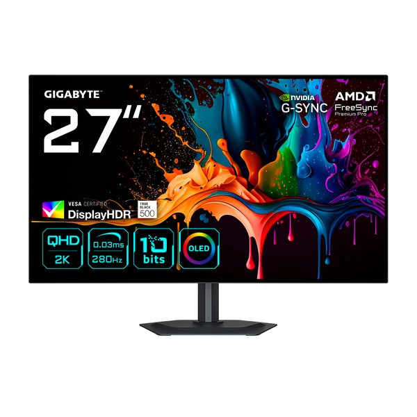 Монитор 27" Gigabyte MO27Q28G EK WOLED 2560x1440, 280 Гц, 0.03 мс, 16:9, 1500 кд/м², 2xHDMI 2.1, DP 1.4, USB-C (18 Вт), 3.5 Jack, USB Hub (4x USB 3.2), динамики (2x5 Вт), DisplayHDR True Black 500, G-Sync Compatible, черный