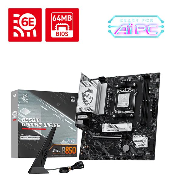 Материнская плата MSI B850M GAMING WIFI6E, AM5, AMD B850, 2xDDR5, 4xSATA, 2xM.2 (PCIe 5.0/4.0), 1xPCIe 4.0 x16, 1xPCIe x1, 1xHDMI, 1xDP, 1x2.5Gb LAN, Wi-Fi 6E, Bluetooth 5.3, 1xUSB-C 10Gbps, 3xUSB-A 10Gbps, 3xUSB-A 5Gbps, 2xUSB-A 2.0, 3x3.5 мм, 7.1, чёрный/серебристый, mATX