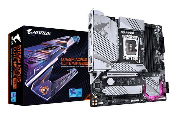 Материнская плата Gigabyte B760M AORUS ELITE WIFI6E GEN5, LGA 1700, Intel B760, 4xDDR5, 4xSATA, 2xM.2, 1xPCIe 5.0 x16, 1xPCIe 4.0 x16, 1xHDMI, 1xDP, 1x2.5Gb LAN, Wi-Fi 6E, Bluetooth 5.3, 1xUSB-C 20Gbps, 1xUSB-A 10Gbps, 3xUSB-A 5Gbps, 4xUSB-A 2.0, 3x3.5 мм + S/PDIF оптический, 7.1, mATX