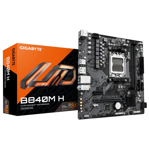 Материнская плата Gigabyte B840M-H, AM5, AMD B840, 2xDDR5, 4xSATA, 1xM.2, 1xPCIe 4.0 x16, 1xPCIe x1, 1xHDMI, 1xDP, 1x1Gb LAN, 1xUSB-A 10Gbps, 1xUSB-A 5Gbps, 4xUSB-A 2.0, 1xPS/2, 3x3.5 мм, 7.1, mATX