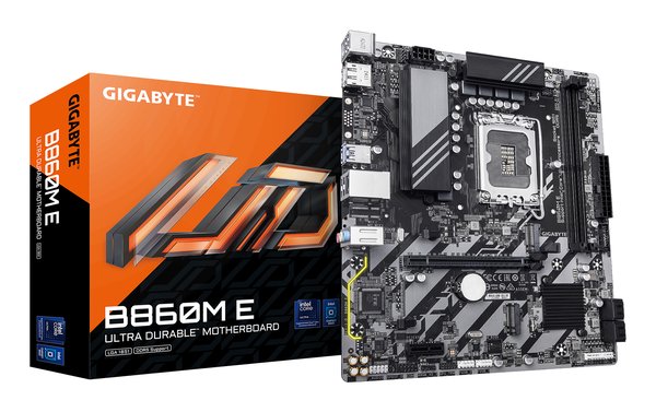 Материнская плата Gigabyte B860M-E, LGA 1851, Intel B860, 2xDDR5, 4xSATA, 2xM.2, 1xPCIe 4.0 x16, 1xPCIe x1, 1xHDMI, 1xDP, 1x1Gb LAN, 4xUSB-A 5Gbps, 2xUSB-A 2.0, 1xPS/2, 3x3.5 мм, 7.1, mATX