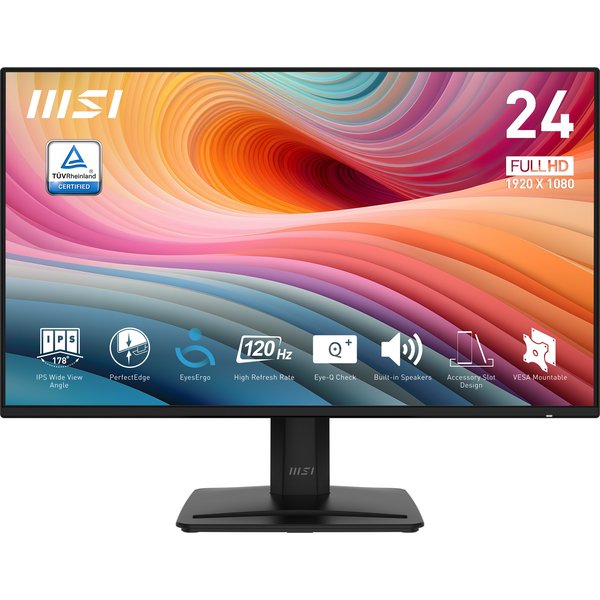 Монитор 23.8" MSI PRO MP242A E2 IPS 1920x1080, 120 Гц, 4 мс (1 мс MPRT), 16:9, 300 кд/м², VGA, HDMI 1.4, DP 1.2, 3.5 Jack, динамики (2x2 Вт), HDR10, черный