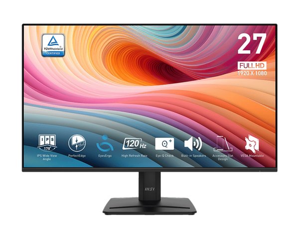 Монитор 27" MSI PRO MP275 E2 IPS 1920x1080, 120 Гц, 4 мс (1 мс MPRT), 16:9, 300 кд/м², VGA, HDMI 2.0, DP 1.2a, 3.5 Jack, динамики (2×2 Вт), Adaptive-Sync, черный