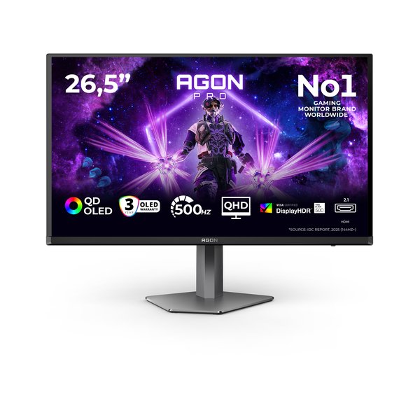 Монитор 26.5" AOC AGON AG276QKD2 QD-OLED 2560x1440, 500 Гц, 0.03 мс, 16:9, 1000 кд/м² (пиковая), DisplayHDR True Black 500, 2×HDMI 2.1, DP 2.1, USB Hub (2×USB-A 3.2 Gen1), 3.5 Jack, динамики (2×5 Вт), Adaptive-Sync, антибликовое покрытие, черно-серый