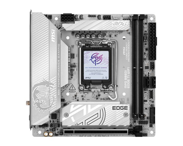 Материнская плата MSI MPG B860I EDGE TI WIFI, LGA 1851, Intel B860, 2xDDR5 (до 128 ГБ), 2xSATA, 2xM.2 (1xPCIe 5.0, 1xPCIe 4.0/SATA), 1xPCIe 5.0 x16, 1xHDMI, 1x5Gb LAN, Wi-Fi 7, Bluetooth 5.4, 1xUSB-C 40Gbps (Thunderbolt 4), 1xUSB-C 10Gbps, 1xUSB-A 10Gbps, 4xUSB-A 5Gbps, 2xUSB-A 2.0, 3x3.5 мм + S/PDI