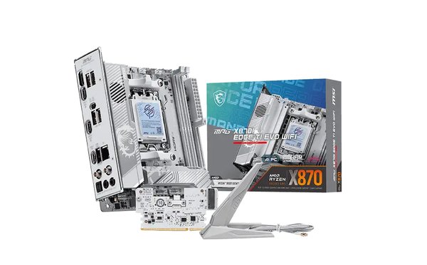 Материнская плата MSI MPG X870I EDGE TI EVO WIFI, AM5, AMD X870, 2xDDR5 (до 128 ГБ), 2xSATA, 3xM.2 (1xPCIe 5.0, 2xPCIe 4.0), 1xPCIe 5.0 x16, 1xHDMI, 1x5Gb LAN, Wi-Fi 7, Bluetooth 5.4, 2xUSB-C 40Gbps (USB4), 1xUSB-C 10Gbps, 5xUSB-A 10Gbps, 3x3.5 мм + S/PDIF оптический, 7.1, белый/серебристый, Mini-IT