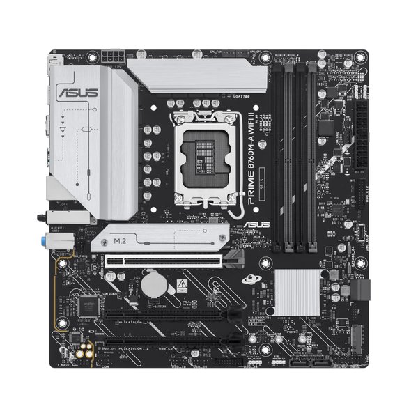 Материнская плата ASUS PRIME B760M-A WIFI II, LGA 1700, Intel B760, 4xDDR5, 4xSATA, 2xM.2, 1xPCIe 5.0 x16, 2xPCIe 4.0 x16, 1xHDMI, 1xDP, 1x2.5Gb LAN, Wi-Fi 6E, Bluetooth 5.4, 2xUSB-A 10Gbps, 4xUSB-A 2.0, 3x3.5 мм, 7.1, mATX