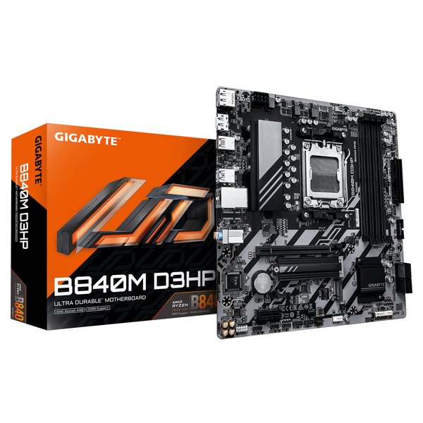 Материнская плата Gigabyte B840M D3HP, AM5, AMD B840, 4xDDR5, 4xSATA, 2xM.2, 1xPCIe 4.0 x16, 1xPCIe x1, 1xHDMI, 2xDP, 1x1Gb LAN, 1xUSB-C 5Gbps, 1xUSB-A 5Gbps, 1xUSB-A 10Gbps, 3xUSB-A 2.0, 3x3.5 мм, 7.1, mATX