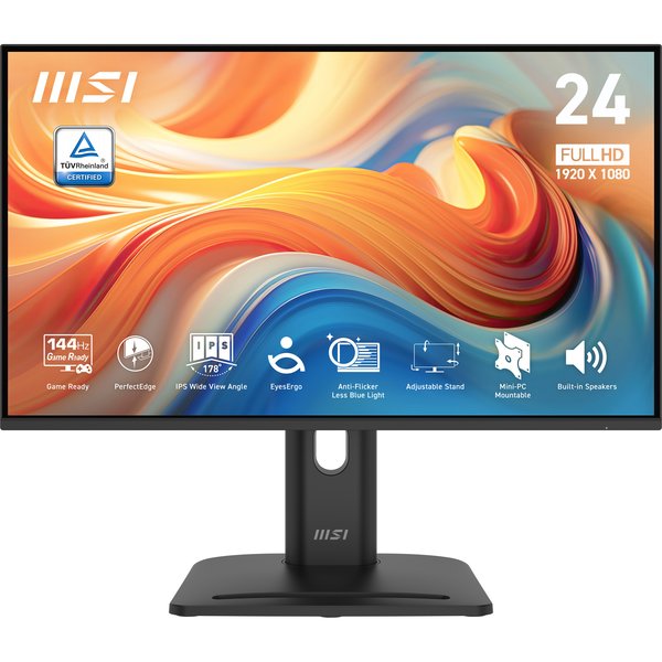Монитор 24" MSI PRO MP245PG E14 IPS FHD, 144 Гц, 1 мс (MPRT), 16:9, 300 кд/м², HDMI 2.0, DP 1.2a, VGA, встроенные динамики (2x2 Вт), Adaptive-Sync, поворотная подставка, черный