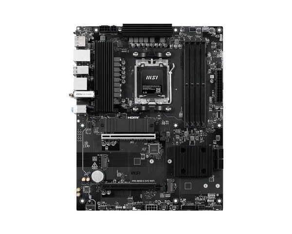 Материнская плата MSI PRO B850-S EVO WIFI, AM5, AMD B850, 4xDDR5 (до 256 ГБ), 4xSATA, 3xM.2 (1xPCIe 5.0, 2xPCIe 4.0), 1xPCIe 5.0 x16, 1xPCIe 4.0 x16, 1xHDMI, 1xDP, 1x5Gb LAN, Wi-Fi 7, Bluetooth 5.4, 1xUSB-C 10Gbps, 2xUSB-A 10Gbps, 2xUSB-A 5Gbps, 4xUSB-A 2.0, 3x3.5 мм, 7.1, чёрный, ATX